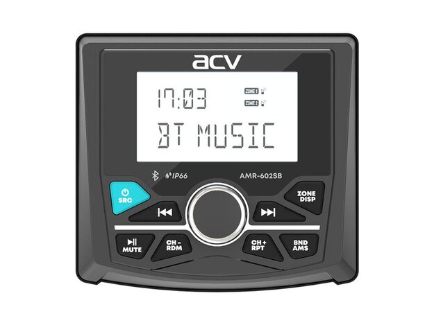 ACV MARINE AMR-602SB морской ресивер квадратный,черный IP66/4х50Вт/2USB/FM/3хRCA/2 аудио зоны